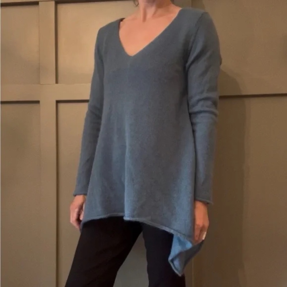 Garnet Hill V-Neck Tunic Sweater Mohair Wool Knit Dusty Teal Sharkbite Hem Sz XS